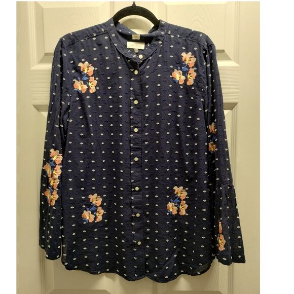 LOFT Size Large Softened Shirt Navy Floral Embroidered Button Down Long Sleeve - Picture 1 of 6